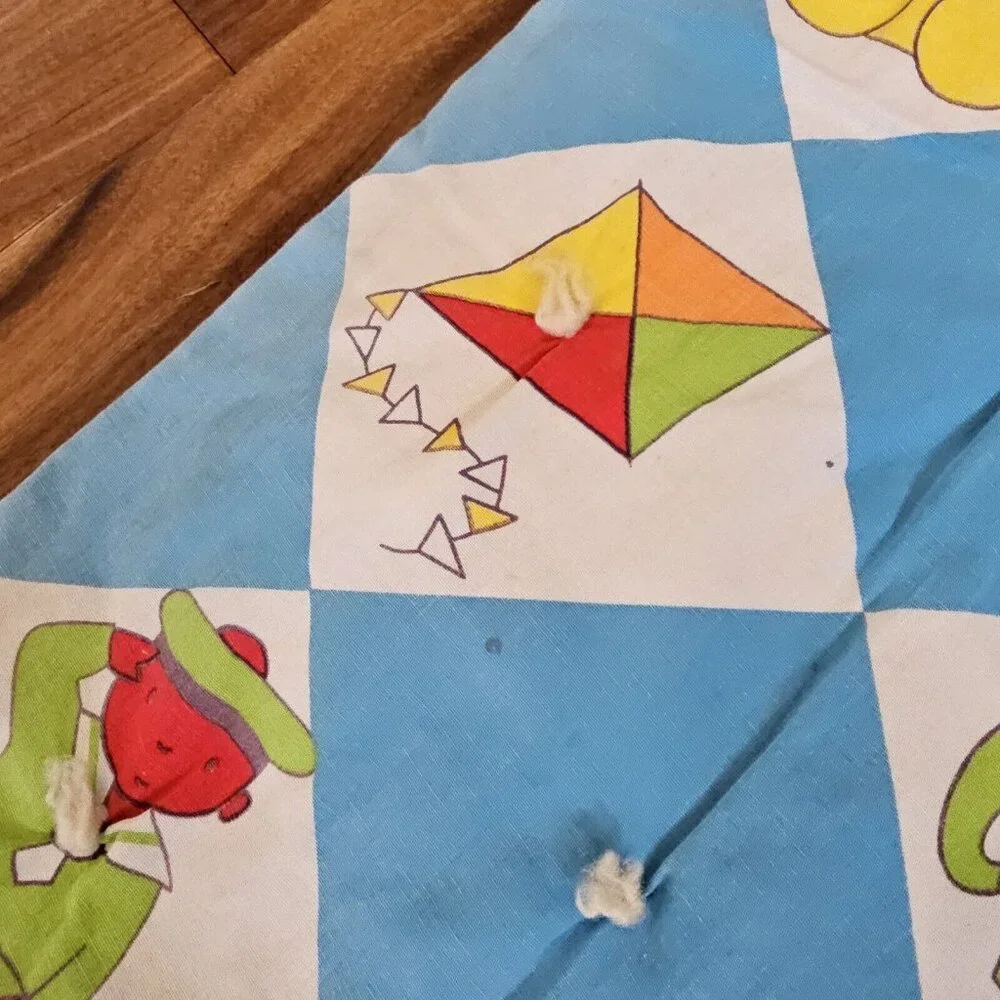 Vintage 60s 70s Kitschy Baby Quilt Blanket Reversible Alphabet Animals Checkered